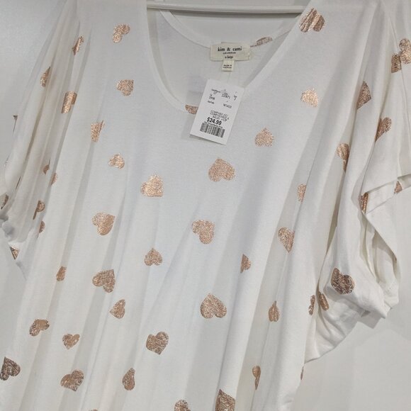 *3/$10* BNWT Kim & Cami Dolman Sleeve Heart Graphic Tee White Gold Size XL - Picture 2 of 6